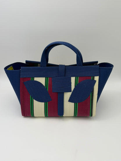 Sunshine Large handwoven tote bag by SCRUBIES in Brown,Pink,Yellow,Black,Blue with Stripes design and Bow accent pattern