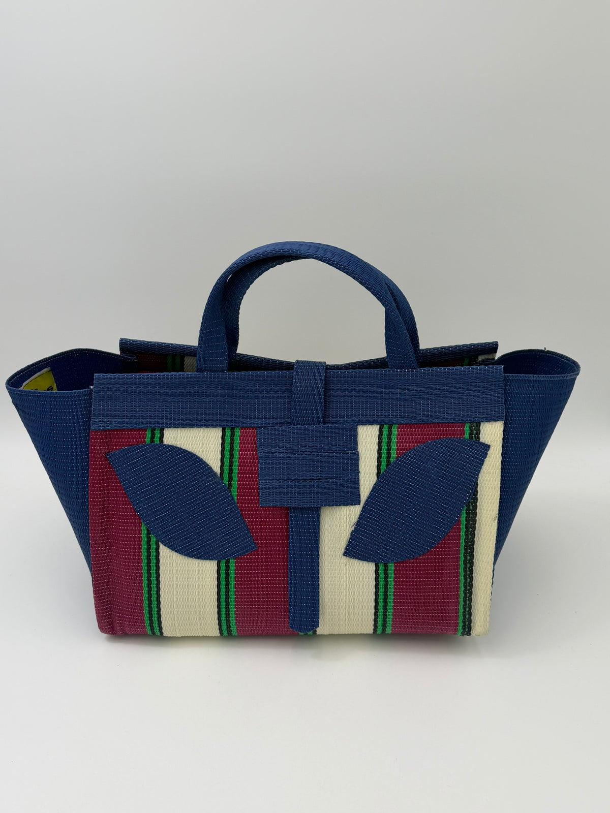Sunshine Large handwoven tote bag by SCRUBIES in Brown,Pink,Yellow,Black,Blue with Stripes design and Bow accent pattern