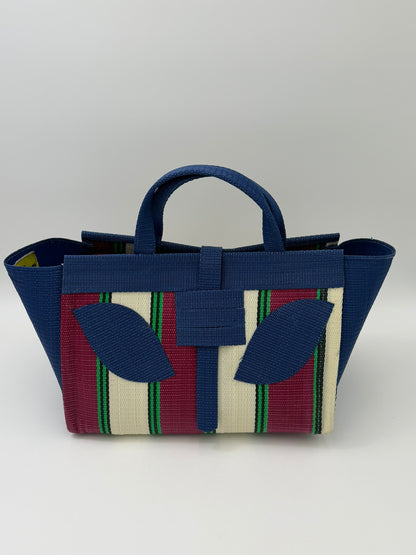 Sunshine Large handwoven tote bag by SCRUBIES in Brown,Pink,Yellow,Black,Blue with Stripes design and Bow accent pattern