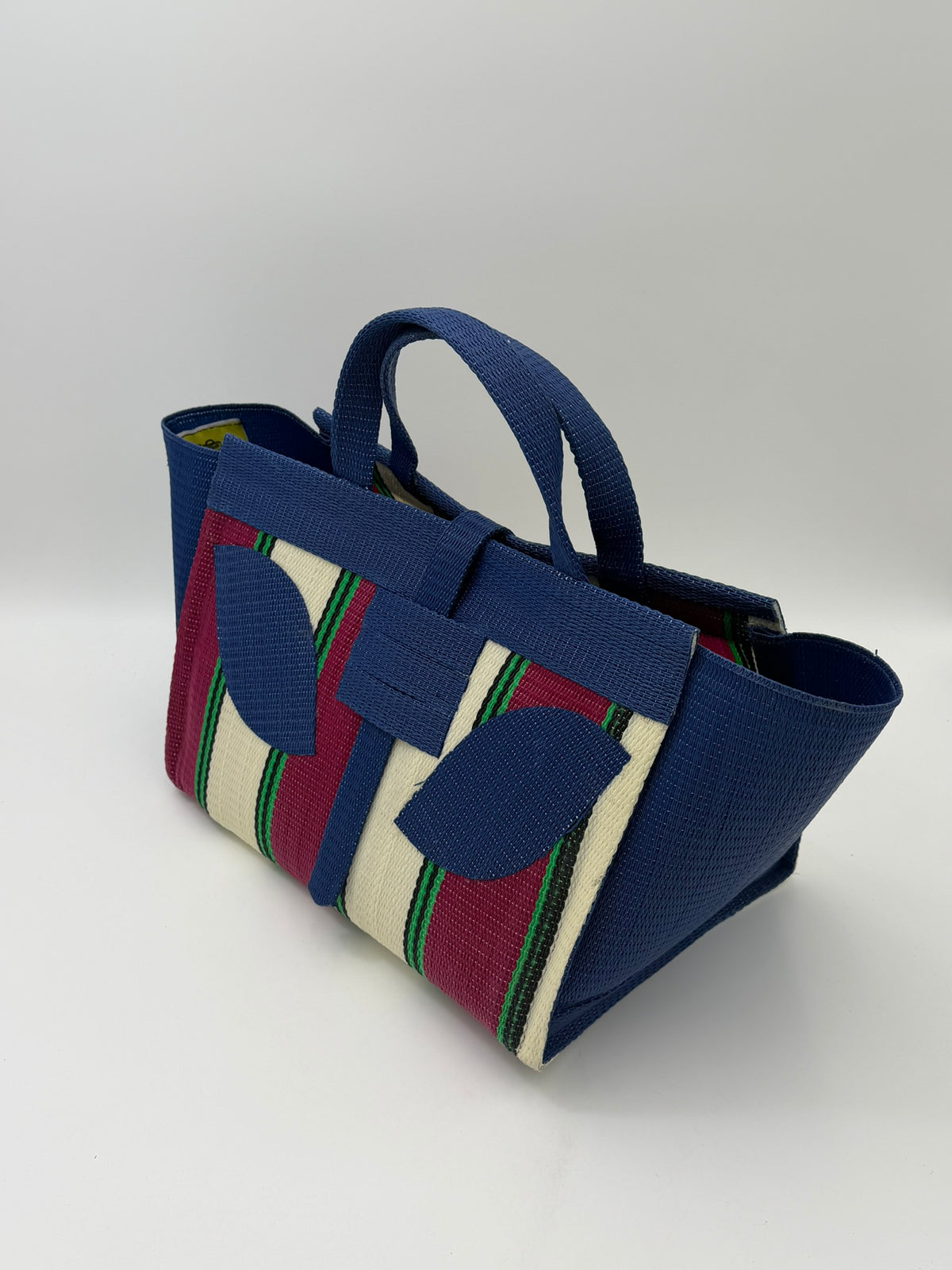 Sunshine Large handwoven tote bag by SCRUBIES in Brown,Pink,Yellow,Black,Blue with Stripes design and Bow accent pattern