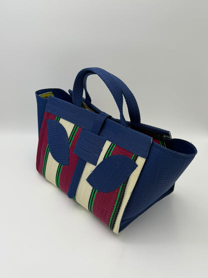 Sunshine Large handwoven tote bag by SCRUBIES in Brown,Pink,Yellow,Black,Blue with Stripes design and Bow accent pattern