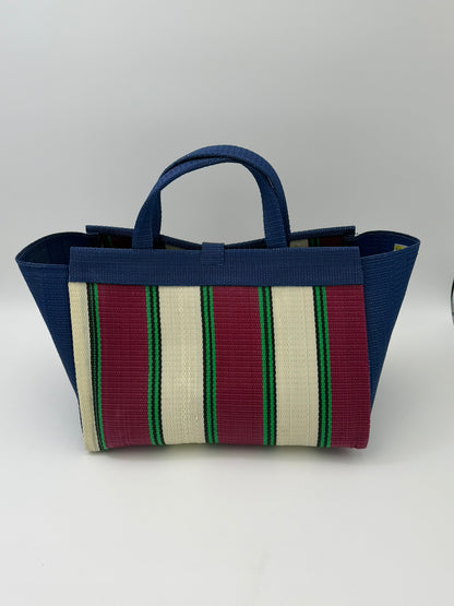 Sunshine Large handwoven tote bag by SCRUBIES in Brown,Pink,Yellow,Black,Blue with Stripes design and Bow accent pattern
