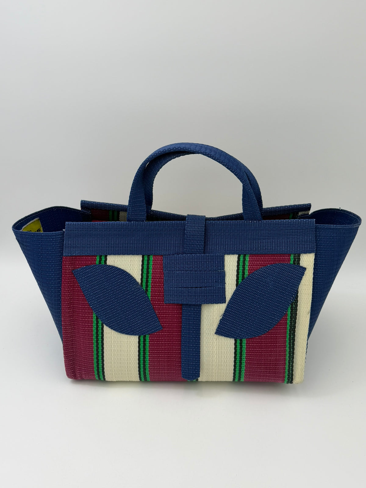 Sunshine Large handwoven tote bag by SCRUBIES in Brown,Pink,Yellow,Black,Blue with Stripes design and Bow accent pattern