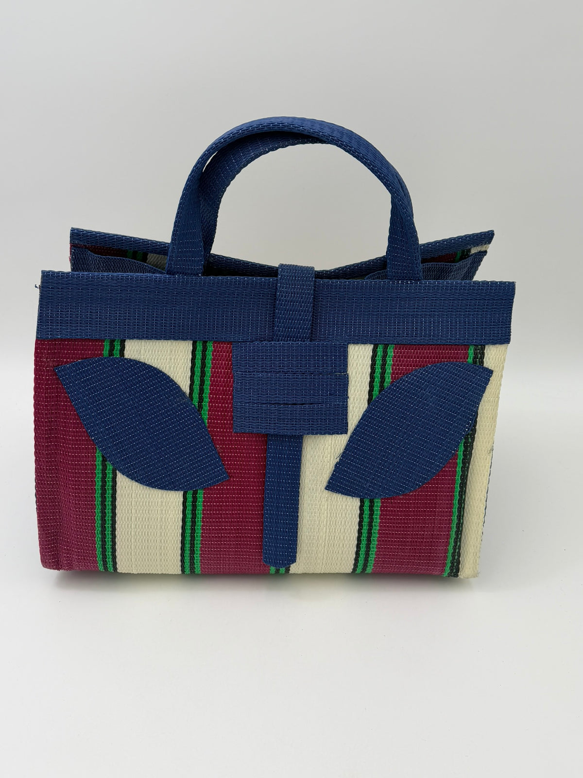 Sunshine Large handwoven tote bag by SCRUBIES in Brown,Pink,Yellow,Black,Blue with Stripes design and Bow accent pattern