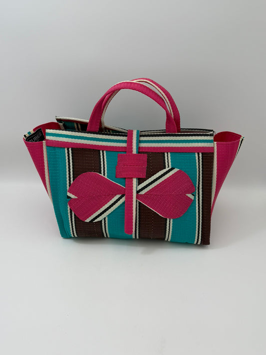 Candy Large handwoven tote bag by SCRUBIES in Pink,Teal,Brown,White with Stripes design and Bow accent pattern