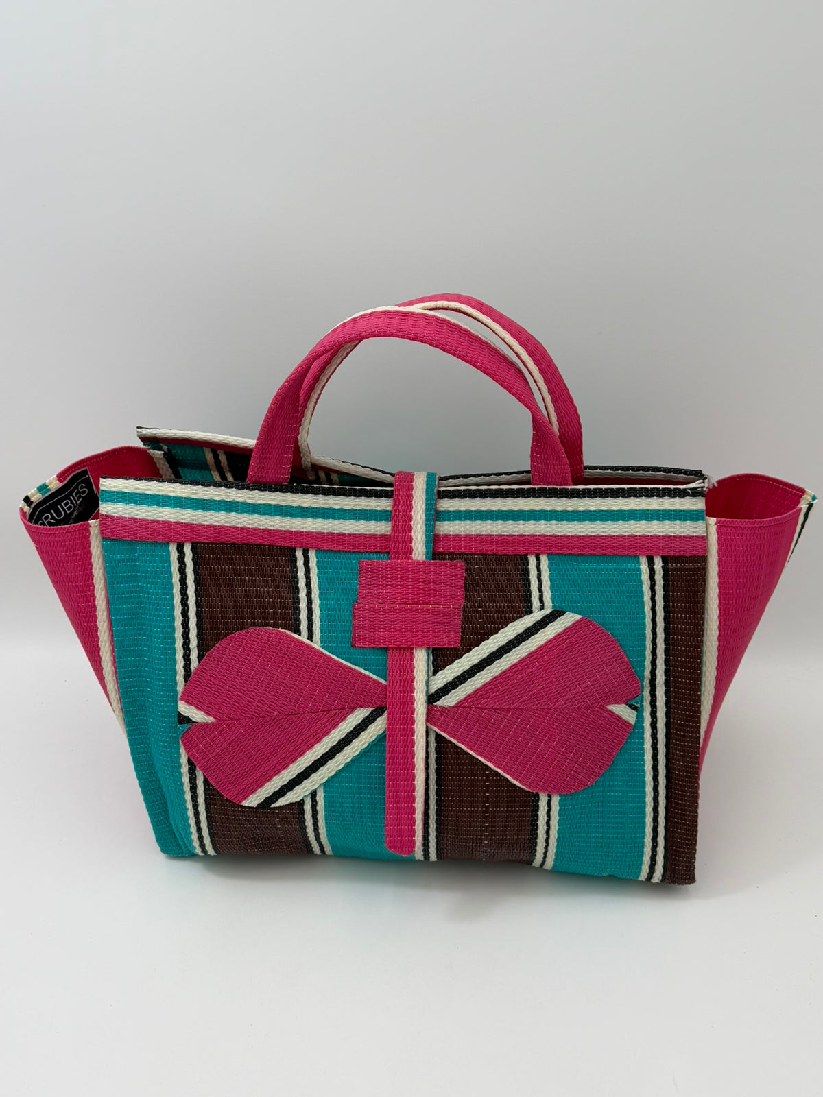 Candy Large handwoven tote bag by SCRUBIES in Pink,Teal,Brown,White with Stripes design and Bow accent pattern