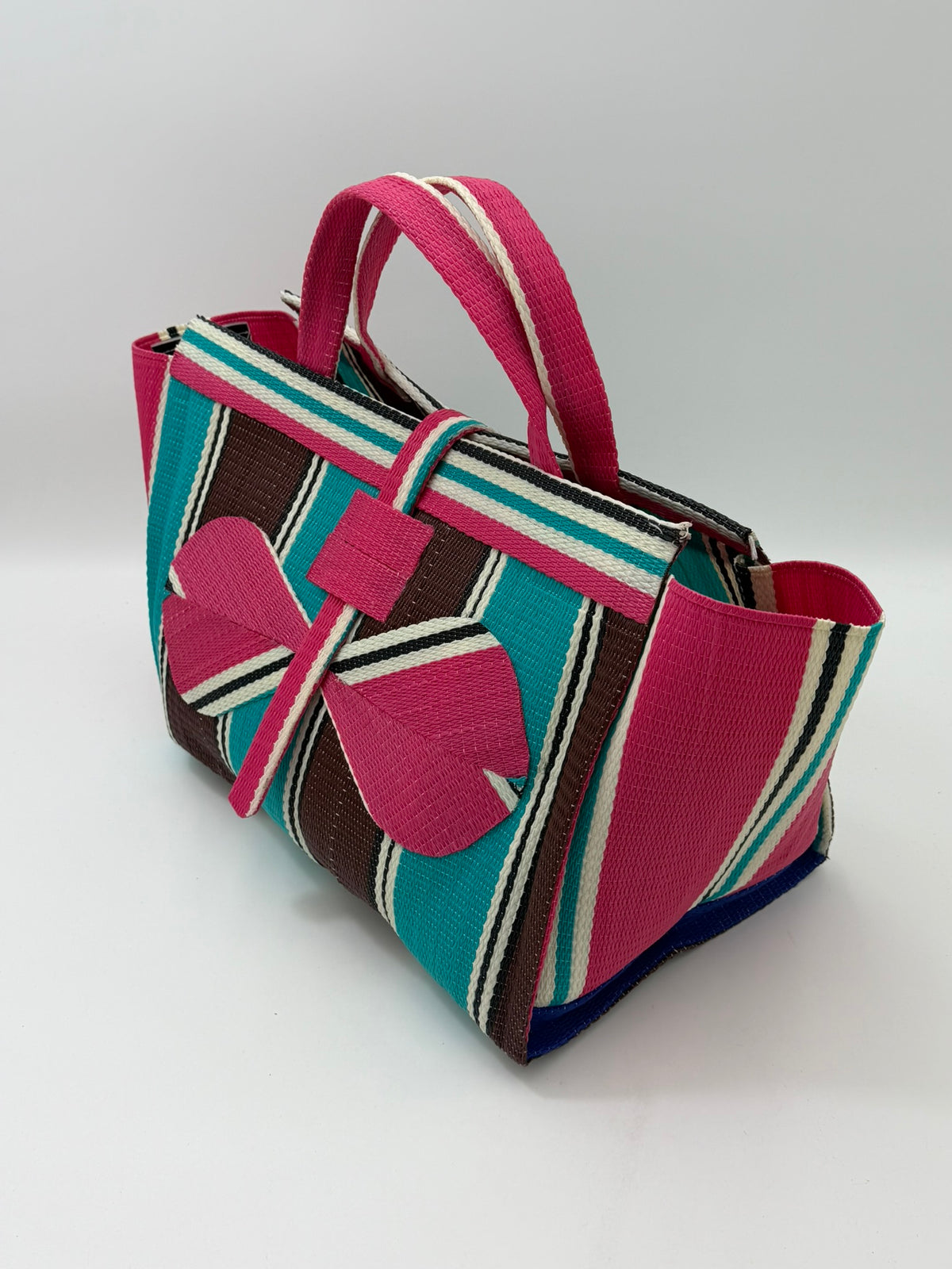 Candy Large handwoven tote bag by SCRUBIES in Pink,Teal,Brown,White with Stripes design and Bow accent pattern