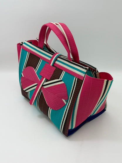 Candy Large handwoven tote bag by SCRUBIES in Pink,Teal,Brown,White with Stripes design and Bow accent pattern