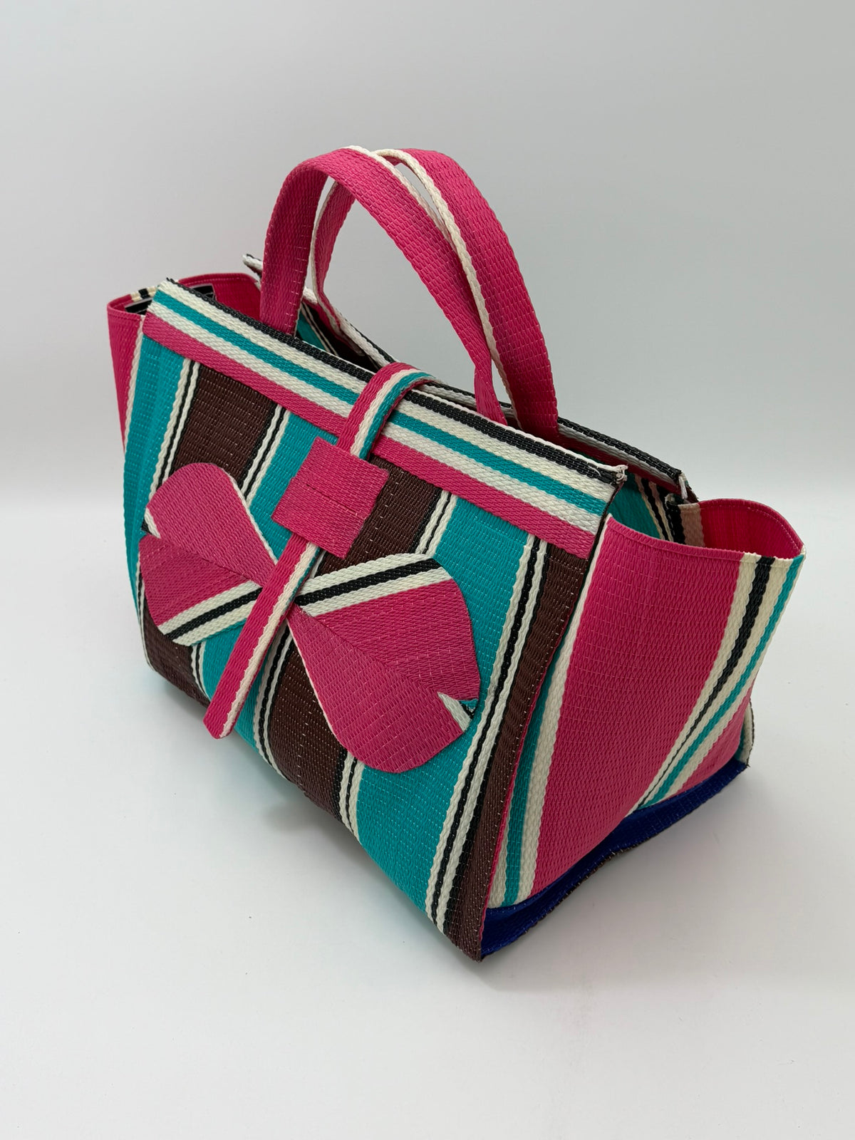 Candy Large handwoven tote bag by SCRUBIES in Pink,Teal,Brown,White with Stripes design and Bow accent pattern