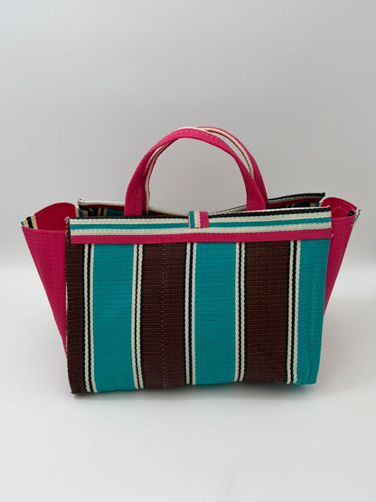 Candy Large handwoven tote bag by SCRUBIES in Pink,Teal,Brown,White with Stripes design and Bow accent pattern