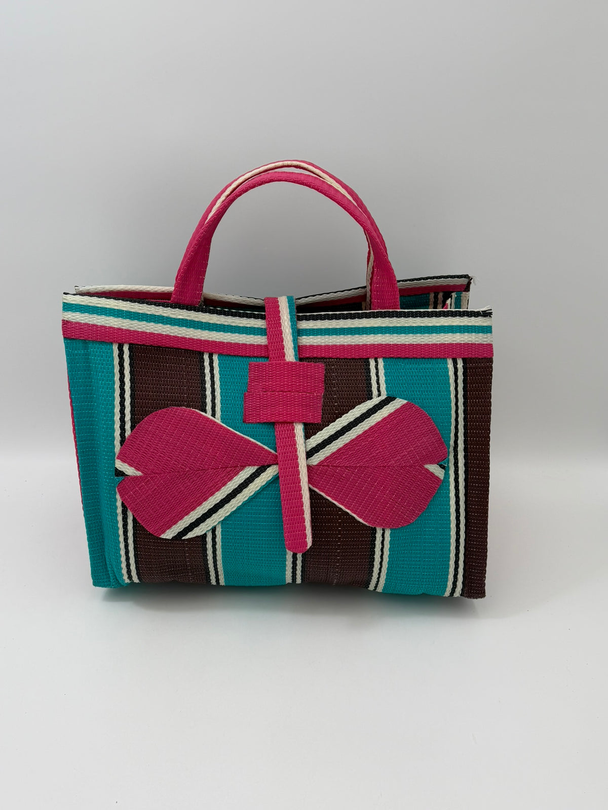 Candy Large handwoven tote bag by SCRUBIES in Pink,Teal,Brown,White with Stripes design and Bow accent pattern