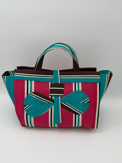 Candy Large handwoven tote bag by SCRUBIES in Pink,Teal,Brown,White with Stripes design and Bow accent pattern