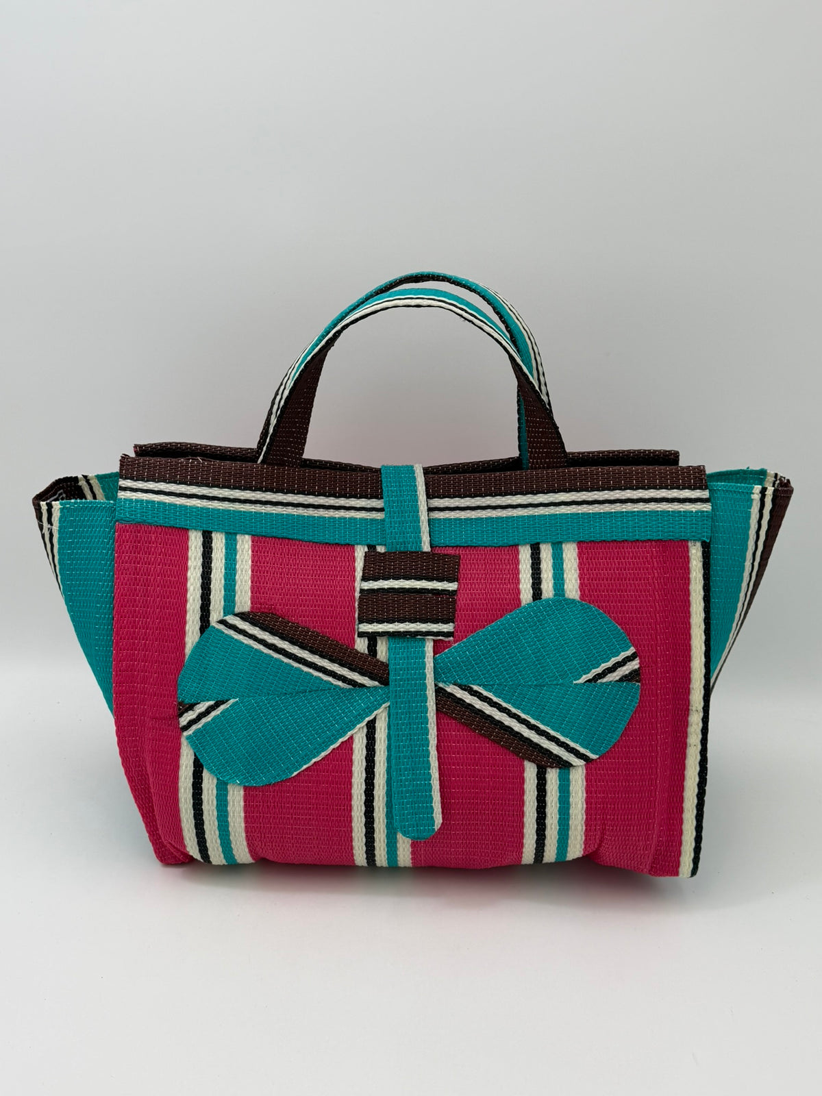 Candy Large handwoven tote bag by SCRUBIES in Pink,Teal,Brown,White with Stripes design and Bow accent pattern