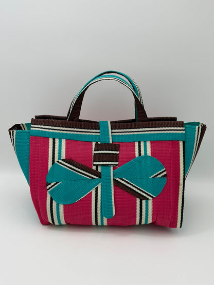 Candy Large handwoven tote bag by SCRUBIES in Pink,Teal,Brown,White with Stripes design and Bow accent pattern