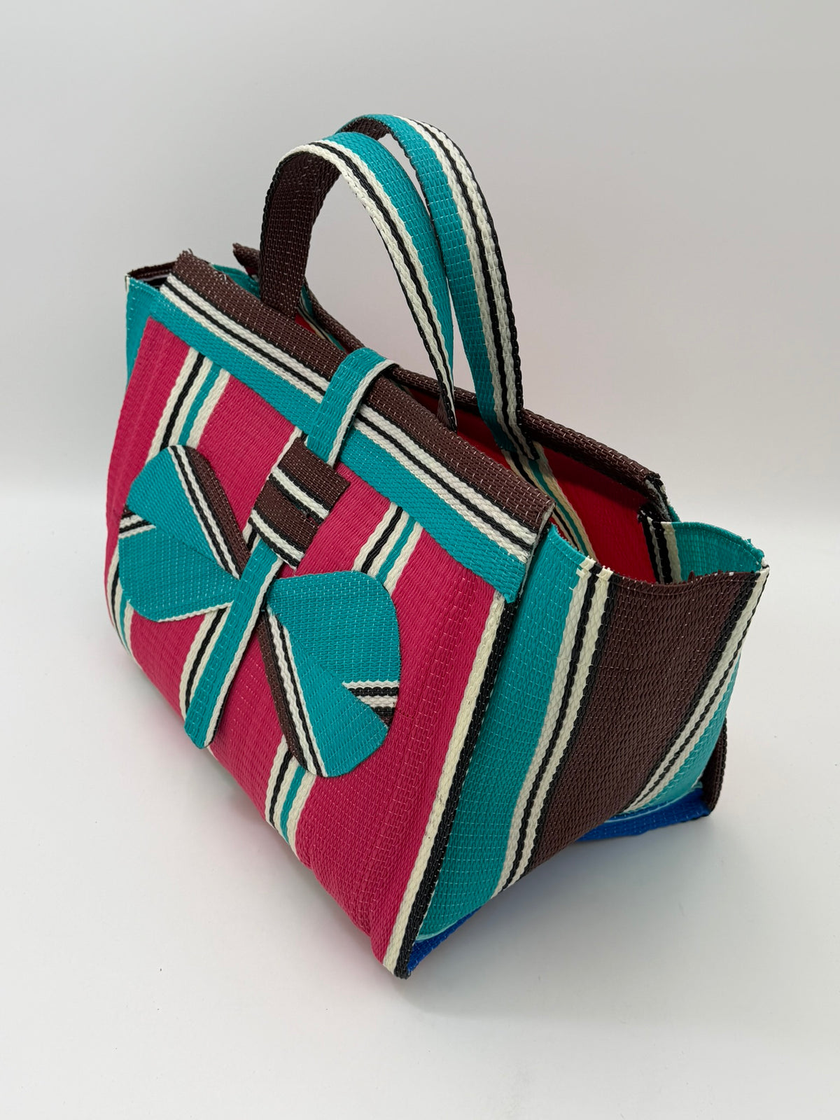 Candy Large handwoven tote bag by SCRUBIES in Pink,Teal,Brown,White with Stripes design and Bow accent pattern