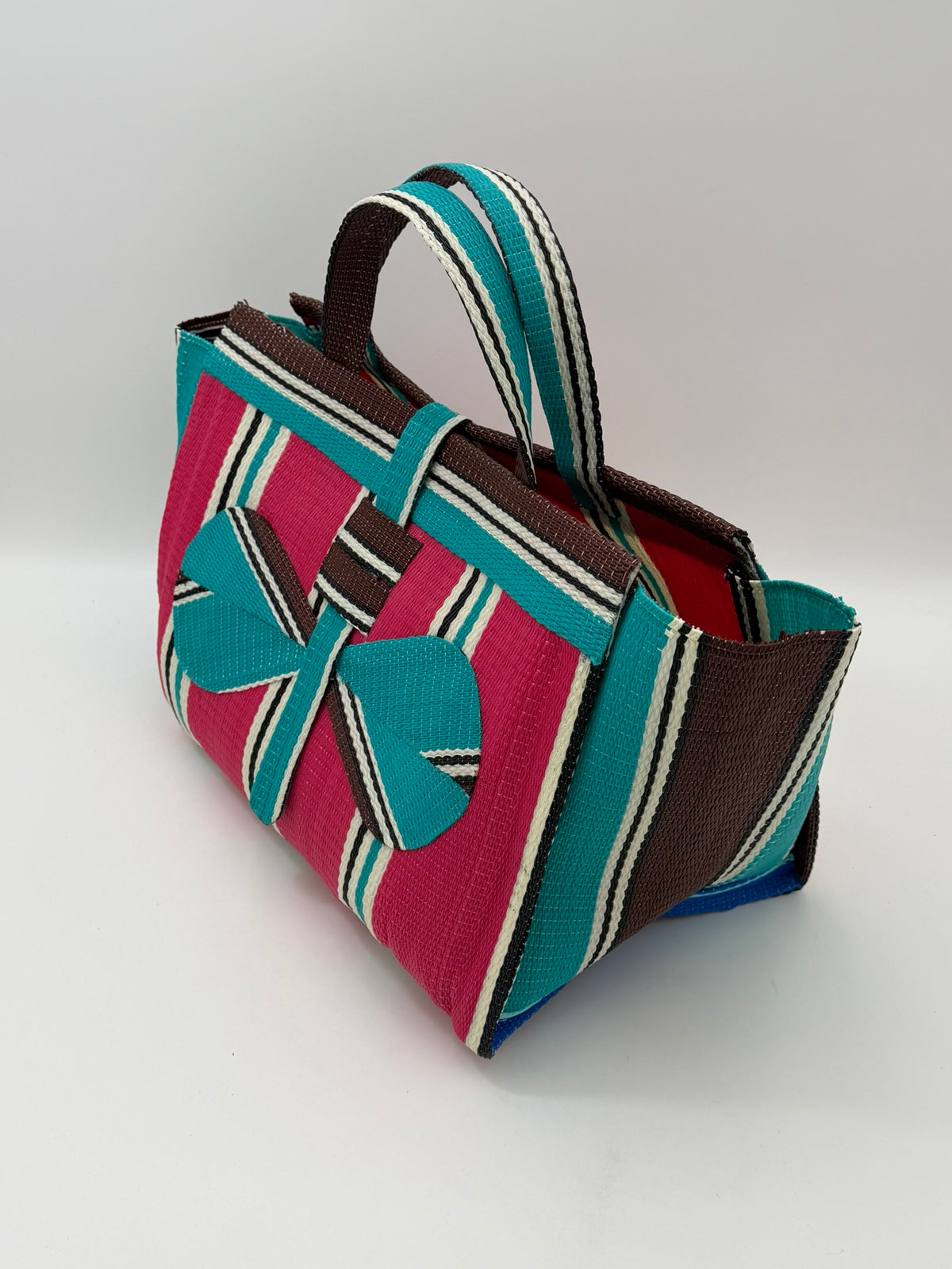 Candy Large handwoven tote bag by SCRUBIES in Pink,Teal,Brown,White with Stripes design and Bow accent pattern