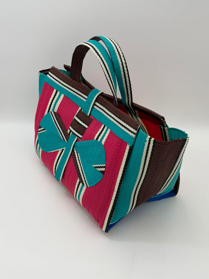 Candy Large handwoven tote bag by SCRUBIES in Pink,Teal,Brown,White with Stripes design and Bow accent pattern