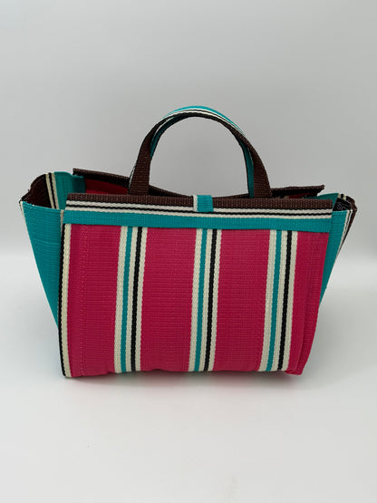 Candy Large handwoven tote bag by SCRUBIES in Pink,Teal,Brown,White with Stripes design and Bow accent pattern