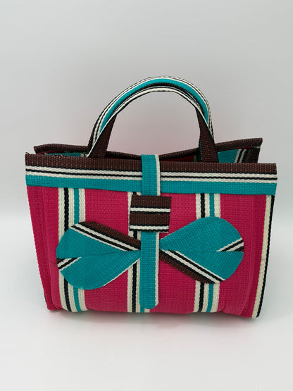 Candy Large handwoven tote bag by SCRUBIES in Pink,Teal,Brown,White with Stripes design and Bow accent pattern