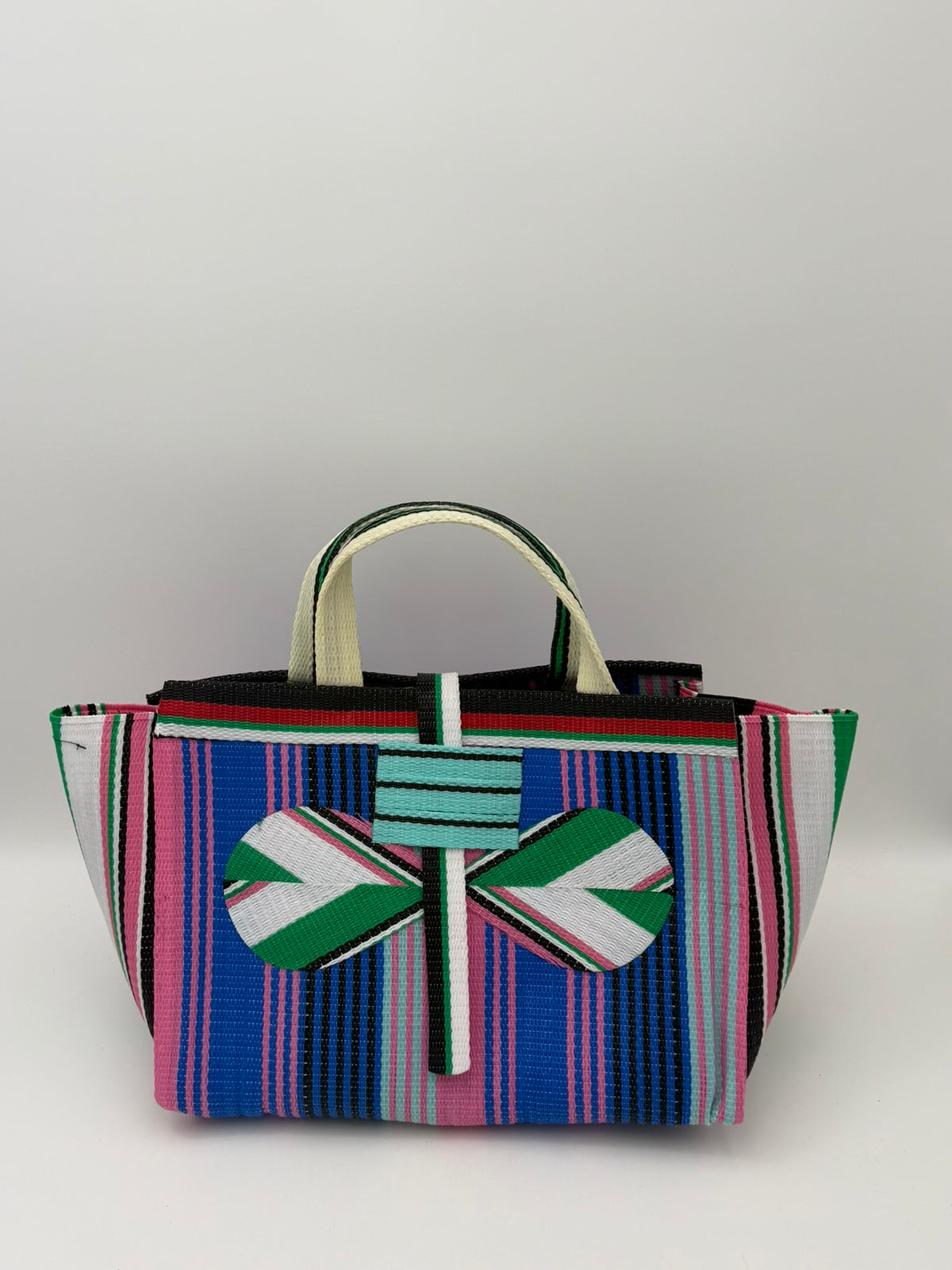 Candy Large handwoven tote bag by SCRUBIES in Blue,Pink,Teal,White, with Stripes design and Bow accent pattern