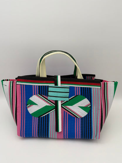 Candy Large handwoven tote bag by SCRUBIES in Blue,Pink,Teal,White, with Stripes design and Bow accent pattern