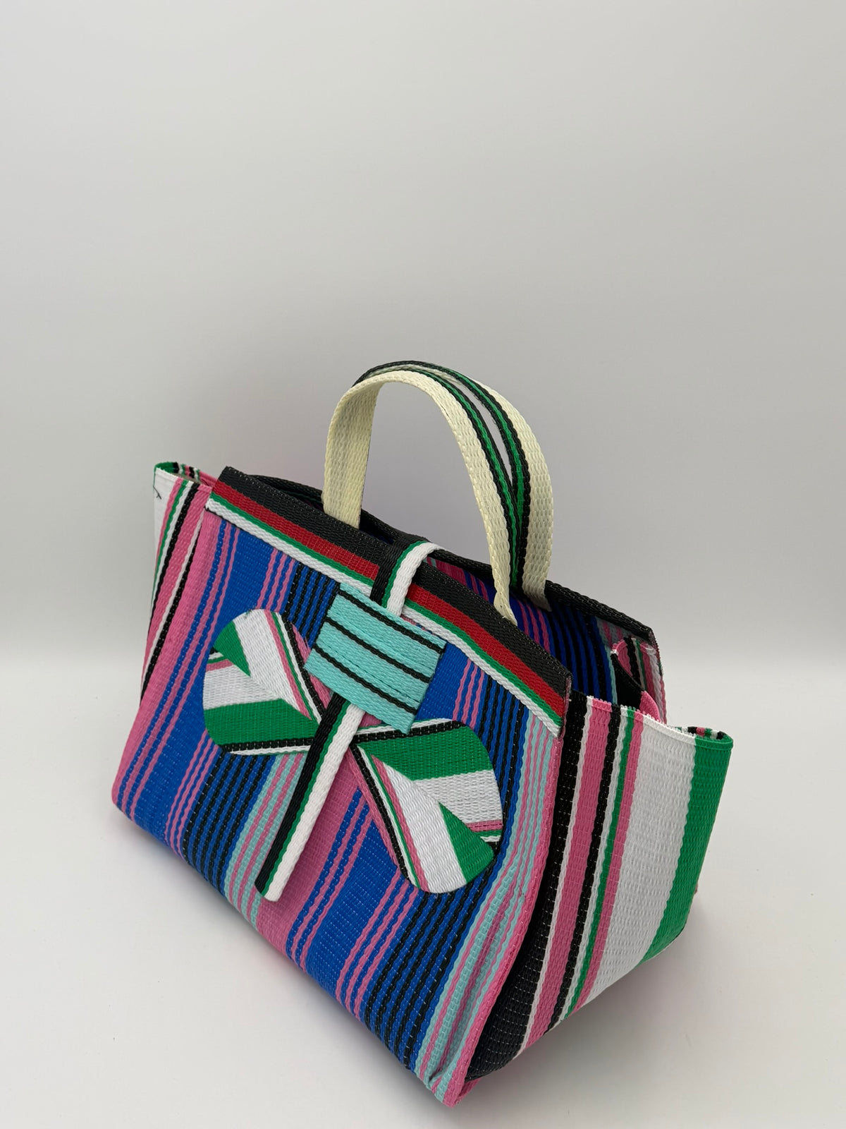 Candy Large handwoven tote bag by SCRUBIES in Blue,Pink,Teal,White, with Stripes design and Bow accent pattern