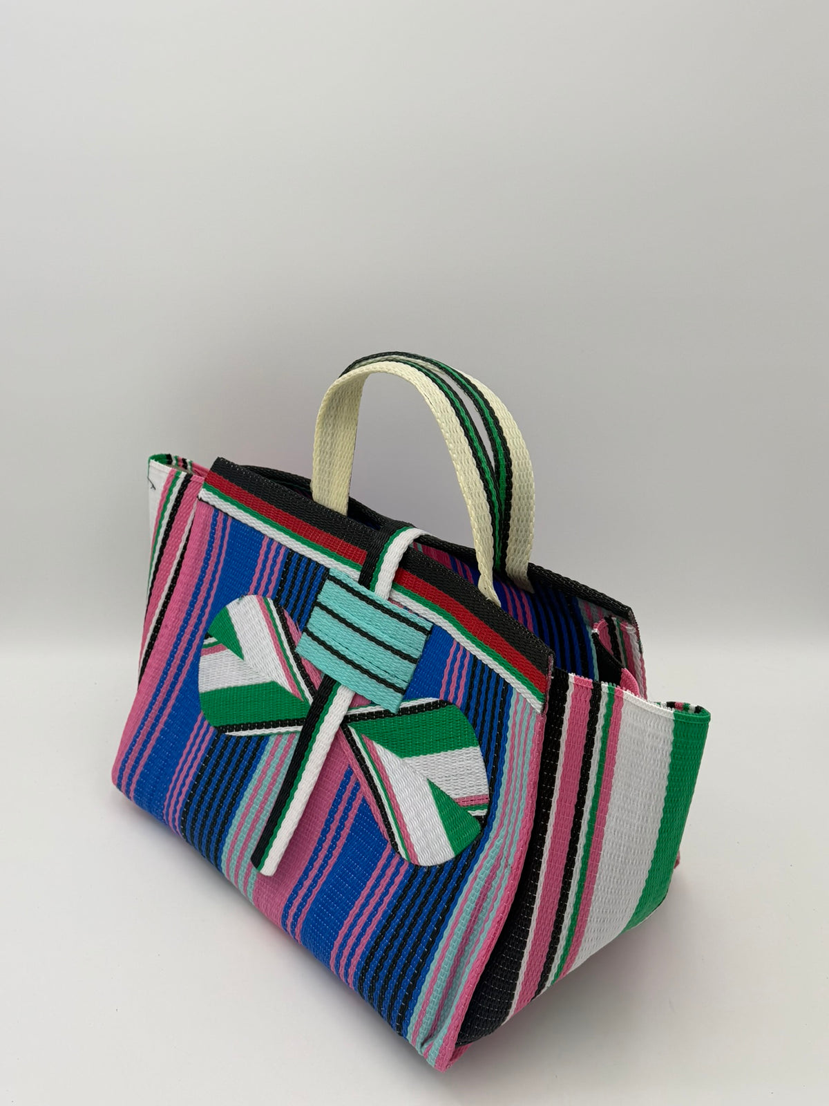 Candy Large handwoven tote bag by SCRUBIES in Blue,Pink,Teal,White, with Stripes design and Bow accent pattern