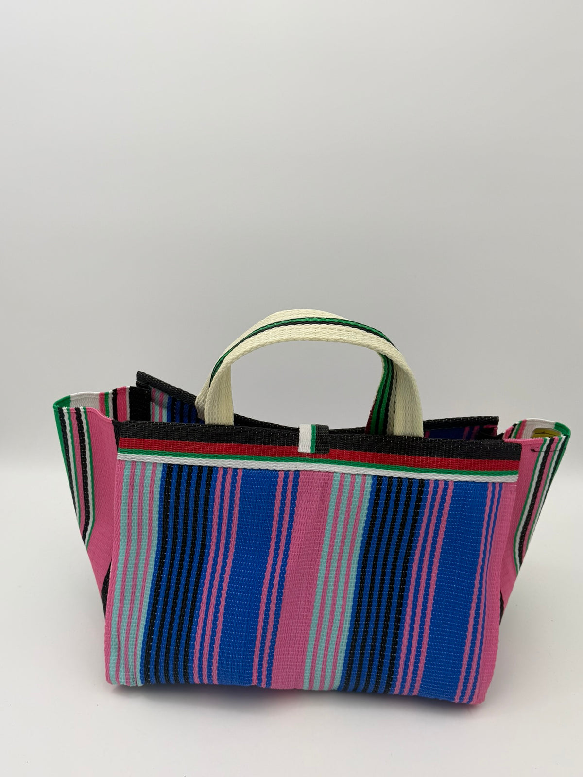 Candy Large handwoven tote bag by SCRUBIES in Blue,Pink,Teal,White, with Stripes design and Bow accent pattern