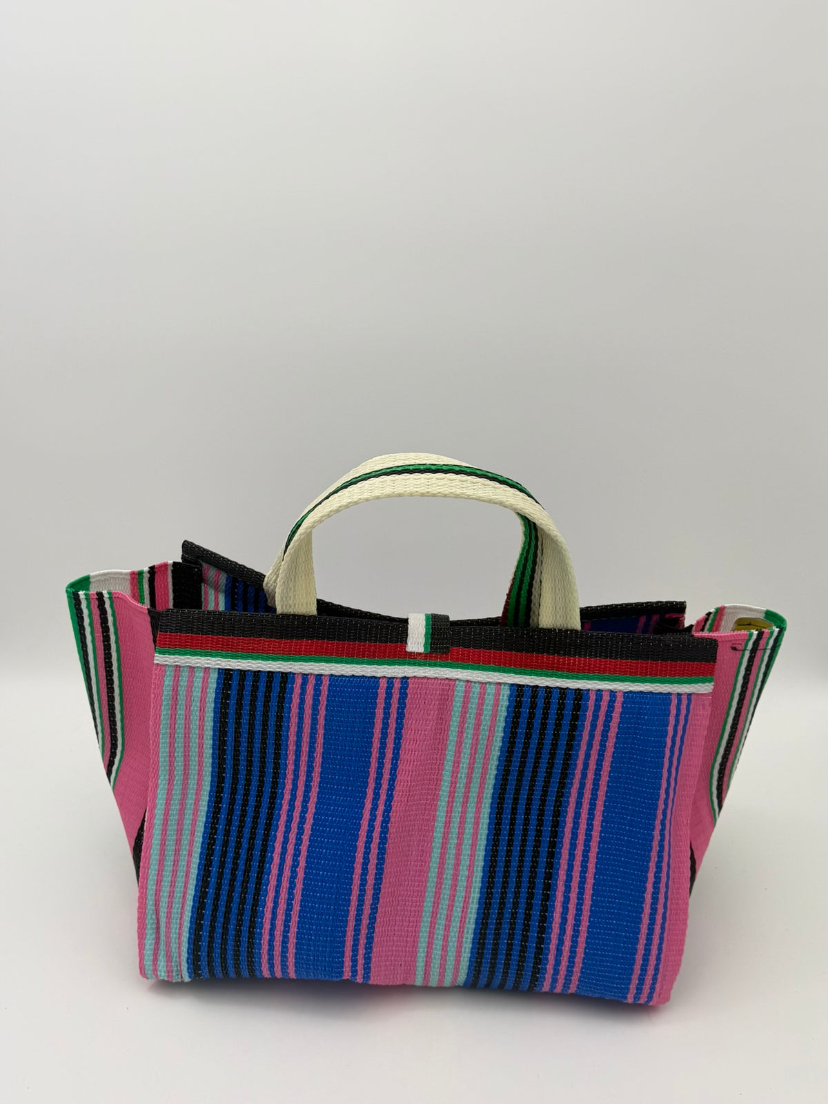 Candy Large handwoven tote bag by SCRUBIES in Blue,Pink,Teal,White, with Stripes design and Bow accent pattern