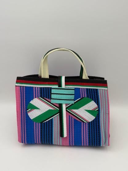 Candy Large handwoven tote bag by SCRUBIES in Blue,Pink,Teal,White, with Stripes design and Bow accent pattern