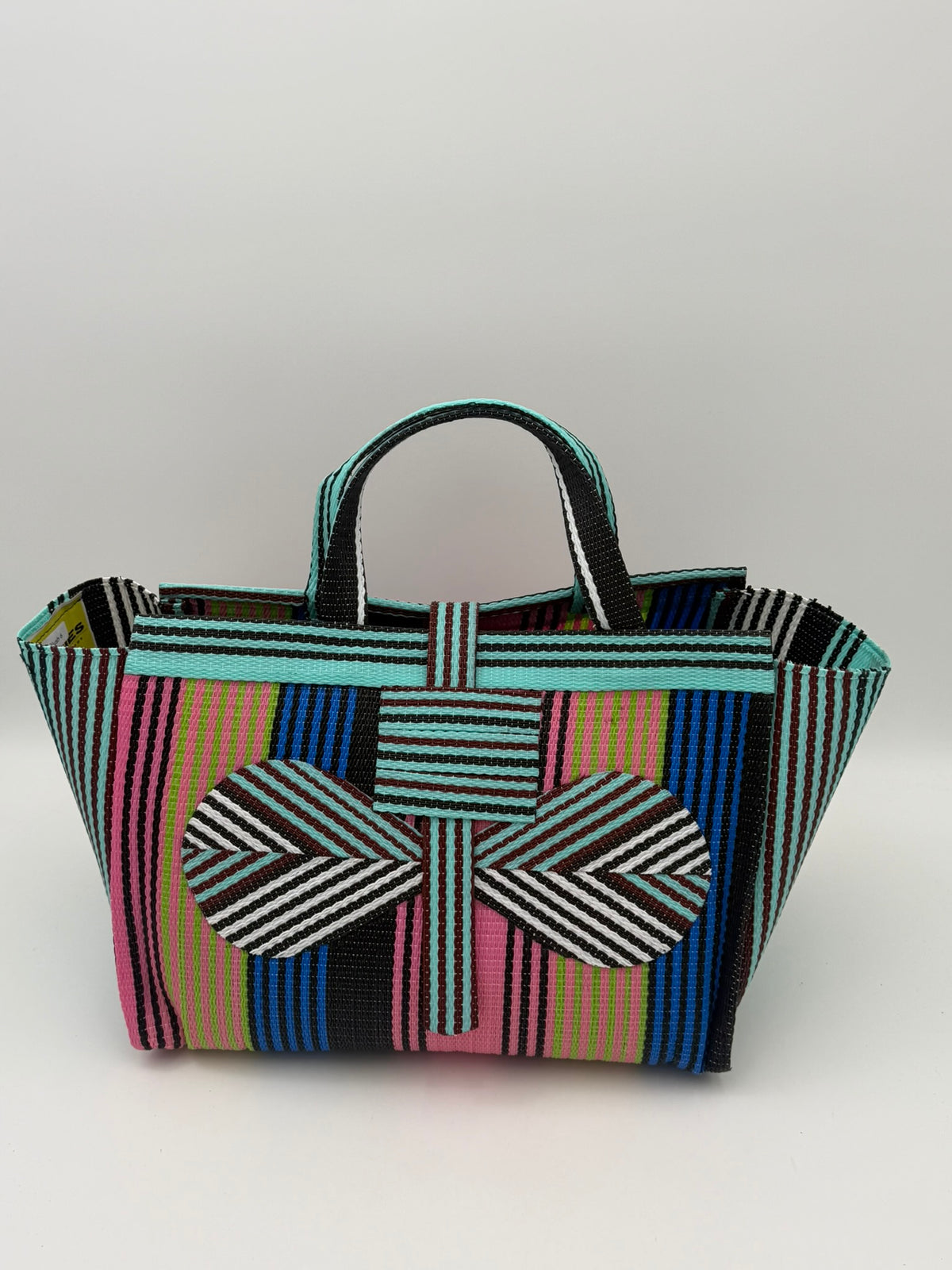 Candy Large handwoven tote bag by SCRUBIES in Teal,Pink,Blue,Brown with Stripes design and Bow accent pattern