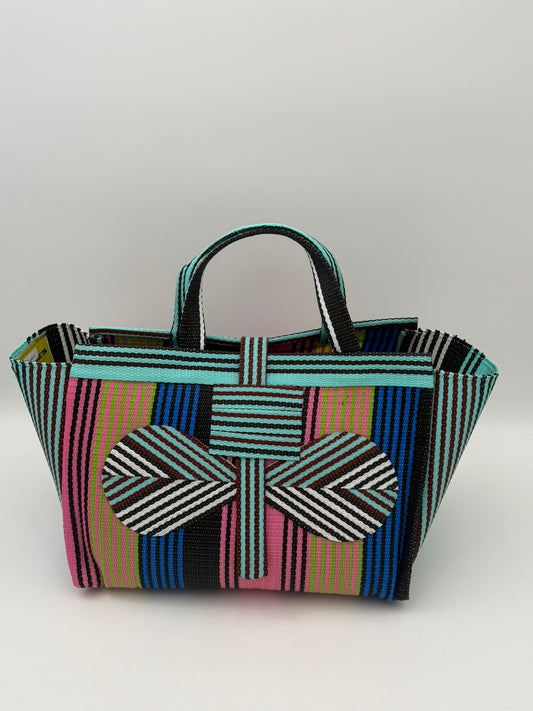 Candy Large handwoven tote bag by SCRUBIES in Teal,Pink,Blue,Brown with Stripes design and Bow accent pattern