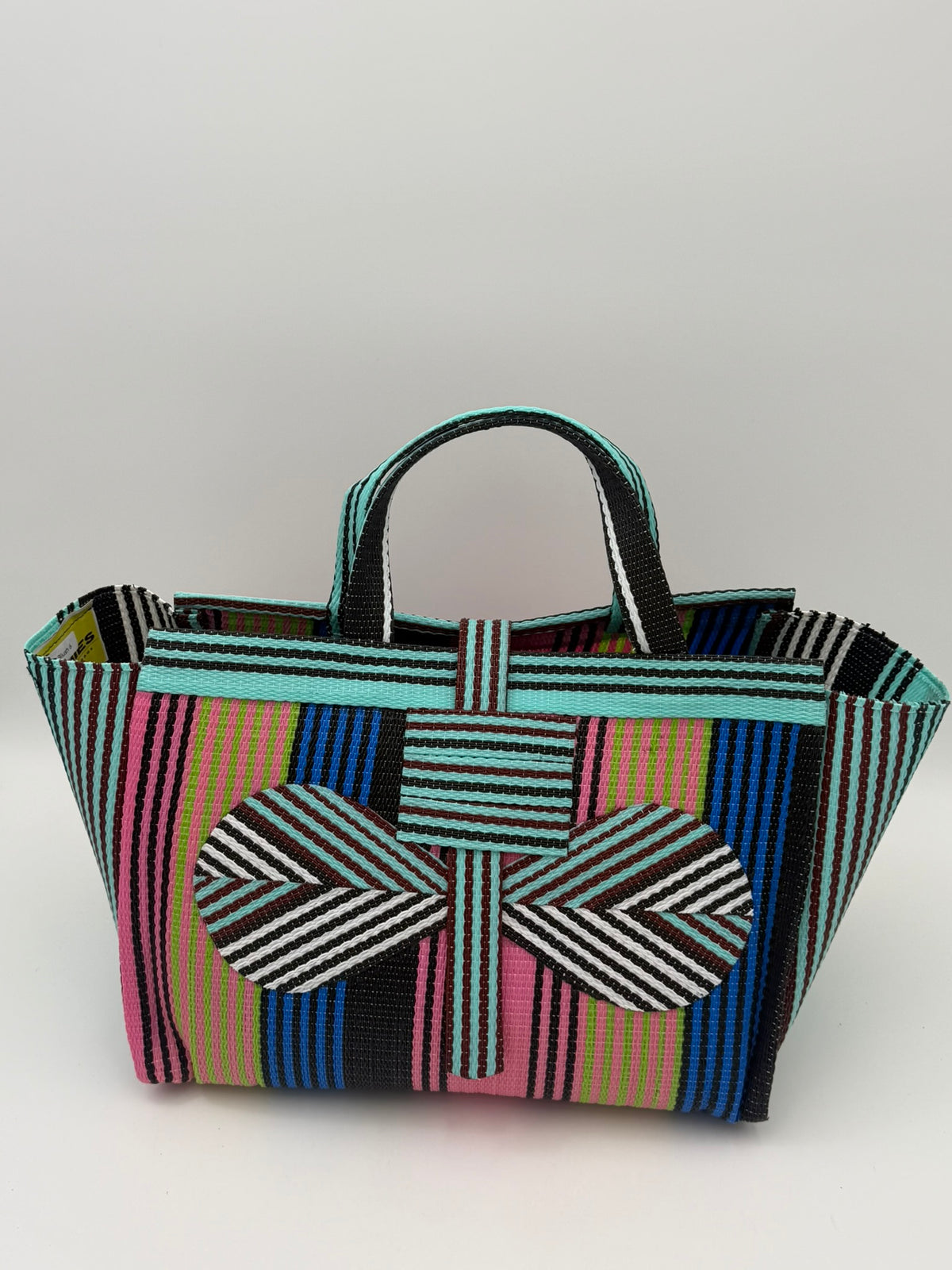 Candy Large handwoven tote bag by SCRUBIES in Teal,Pink,Blue,Brown with Stripes design and Bow accent pattern