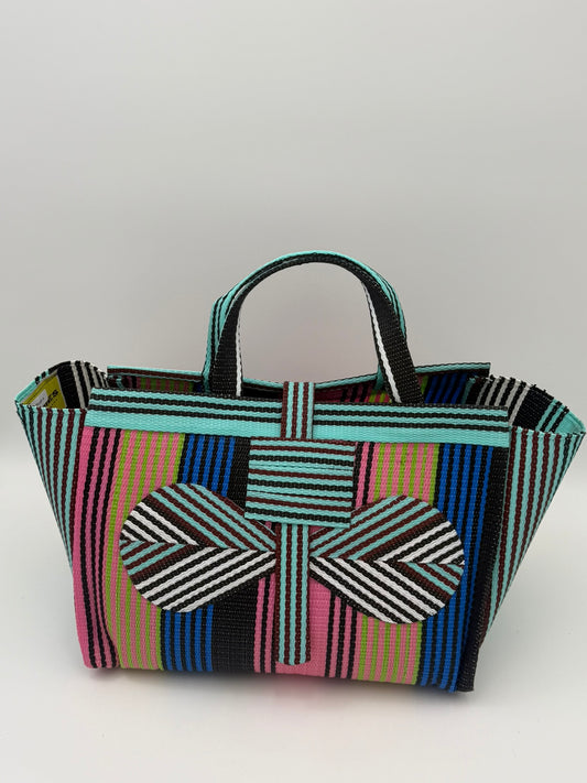Candy Large handwoven tote bag by SCRUBIES in Teal,Pink,Blue,Brown with Stripes design and Bow accent pattern