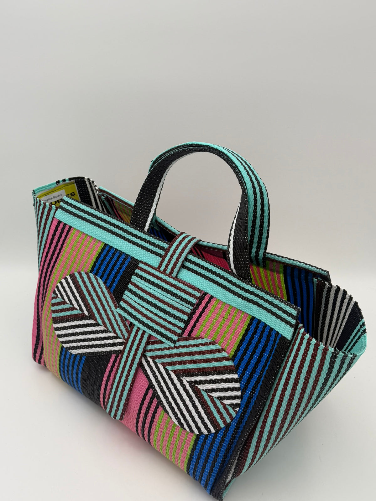 Candy Large handwoven tote bag by SCRUBIES in Teal,Pink,Blue,Brown with Stripes design and Bow accent pattern