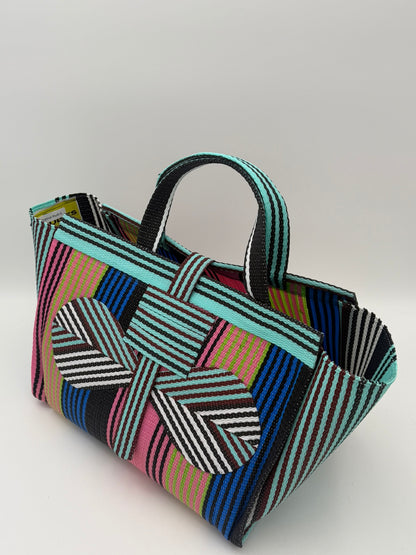 Candy Large handwoven tote bag by SCRUBIES in Teal,Pink,Blue,Brown with Stripes design and Bow accent pattern