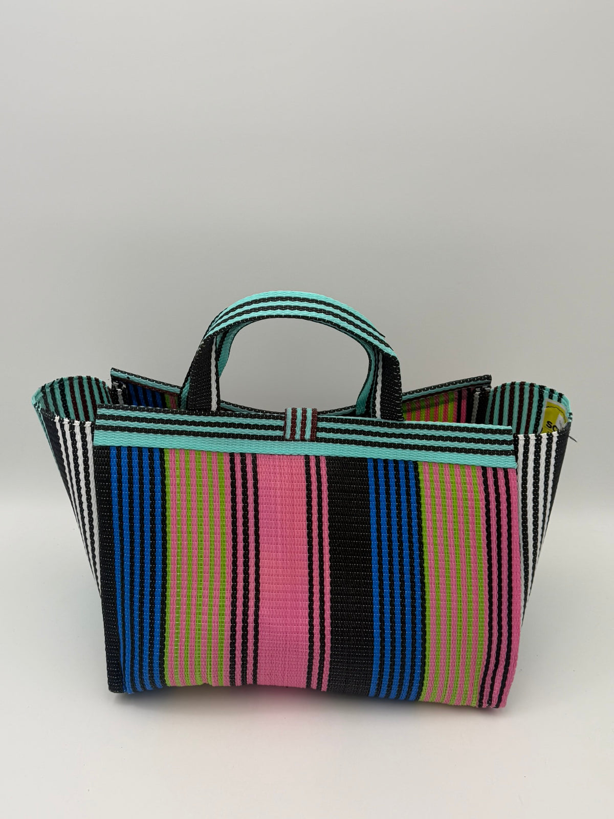 Candy Large handwoven tote bag by SCRUBIES in Teal,Pink,Blue,Brown with Stripes design and Bow accent pattern