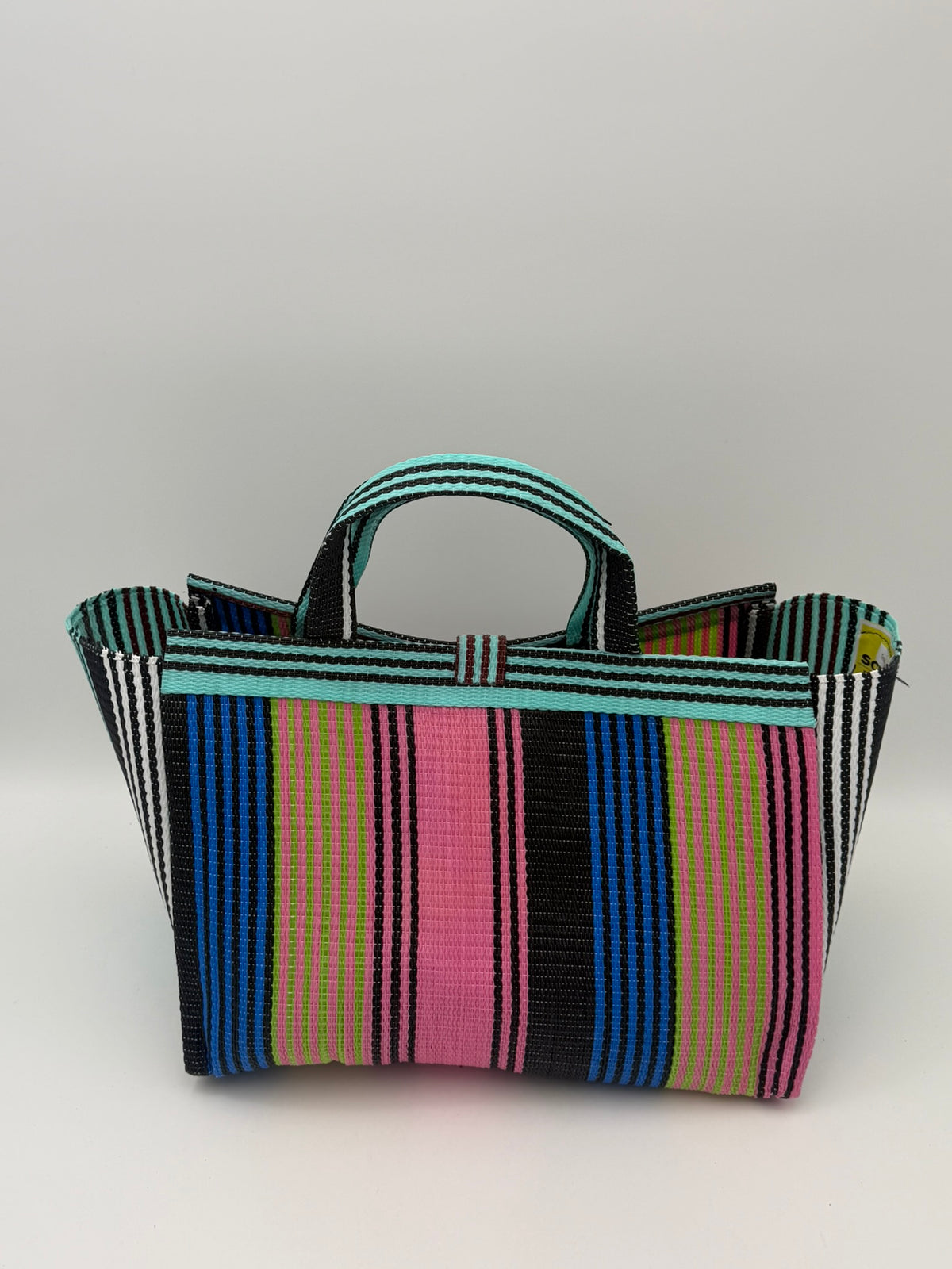 Candy Large handwoven tote bag by SCRUBIES in Teal,Pink,Blue,Brown with Stripes design and Bow accent pattern