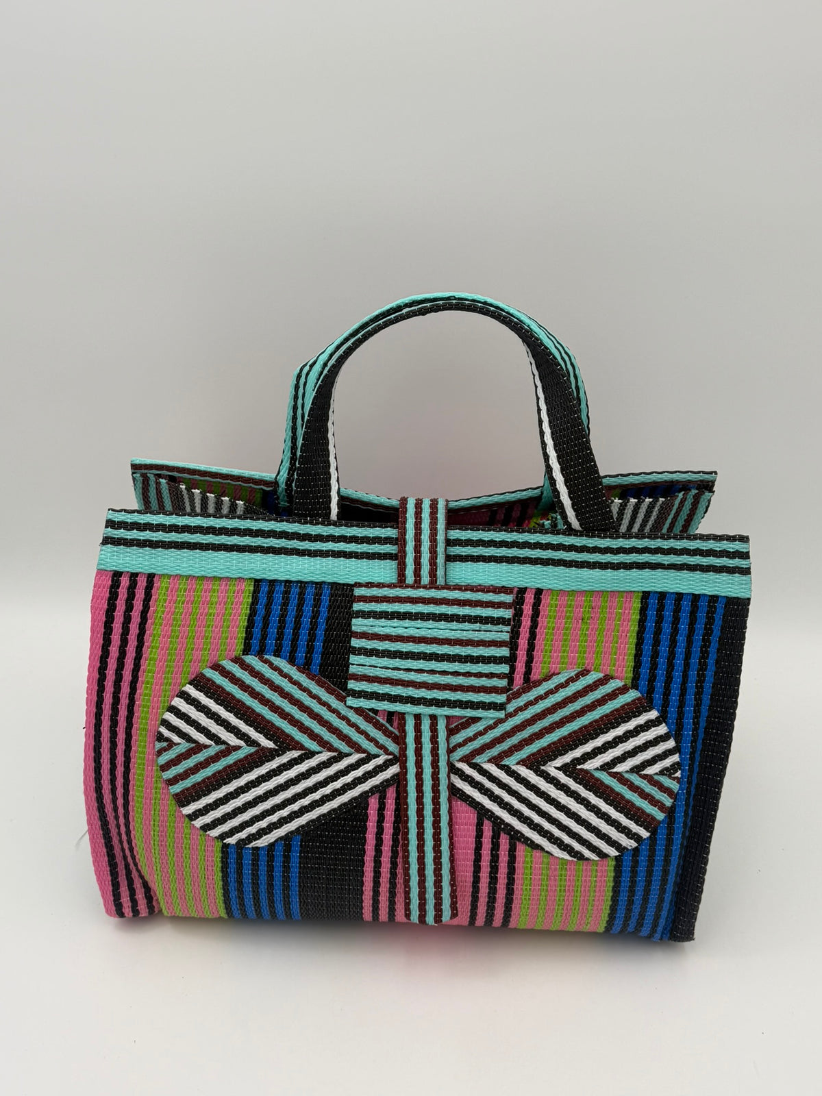 Candy Large handwoven tote bag by SCRUBIES in Teal,Pink,Blue,Brown with Stripes design and Bow accent pattern