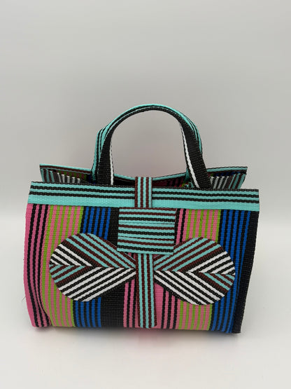 Candy Large handwoven tote bag by SCRUBIES in Teal,Pink,Blue,Brown with Stripes design and Bow accent pattern