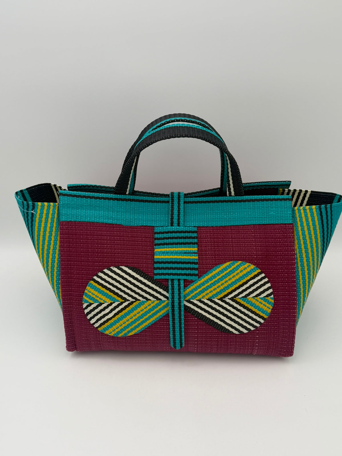 Winery Large handwoven tote bag by SCRUBIES in Wine,Green,Yellow with Solid design and Bow accent pattern