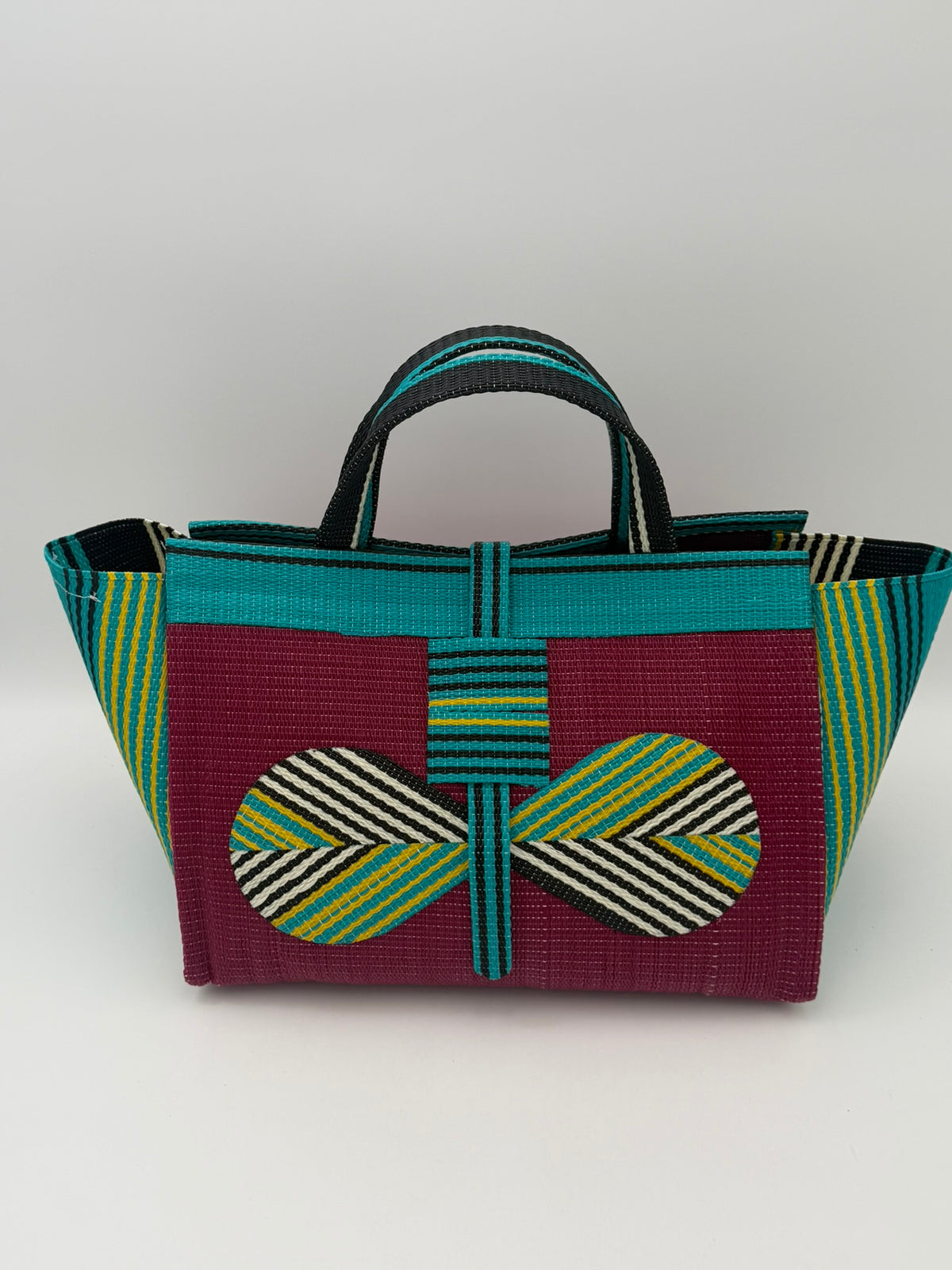 Winery Large handwoven tote bag by SCRUBIES in Wine,Green,Yellow with Solid design and Bow accent pattern