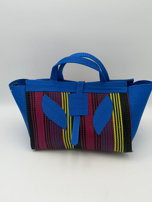 Winery Large handwoven tote bag by SCRUBIES in Blue,Wine,Yellow,Black with Stripes design and Leaf accent pattern