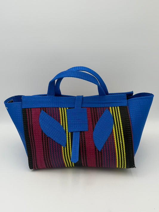 Winery Large handwoven tote bag by SCRUBIES in Blue,Wine,Yellow,Black with Stripes design and Leaf accent pattern