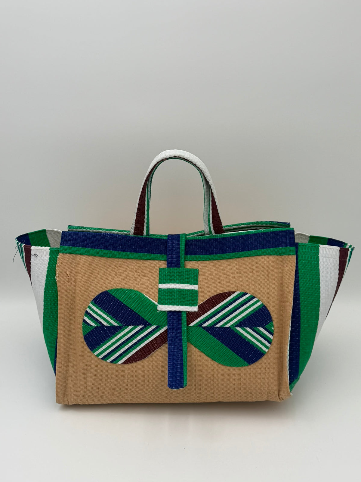Beige Large handwoven tote bag by SCRUBIES in Beige,Green,White,Blue with Solid design and Bow accent pattern