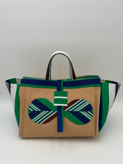 Beige Large handwoven tote bag by SCRUBIES in Beige,Green,White,Blue with Solid design and Bow accent pattern