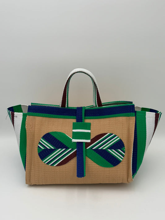 Beige Large handwoven tote bag by SCRUBIES in Beige,Green,White,Blue with Solid design and Bow accent pattern