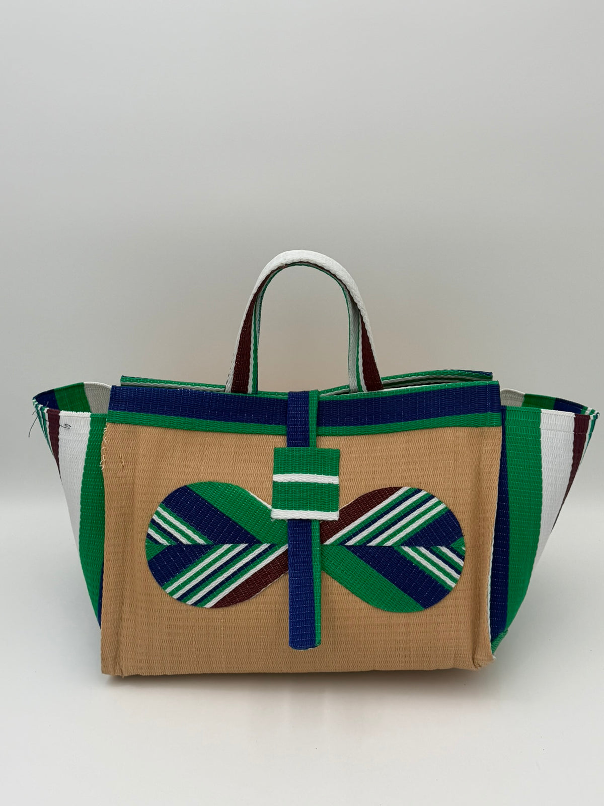 Beige Large handwoven tote bag by SCRUBIES in Beige,Green,White,Blue with Solid design and Bow accent pattern