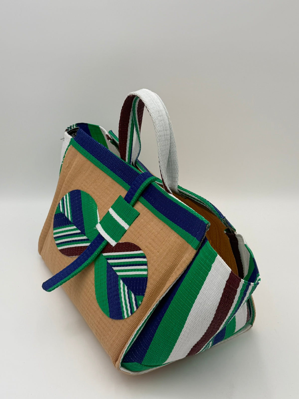 Beige Large handwoven tote bag by SCRUBIES in Beige,Green,White,Blue with Solid design and Bow accent pattern