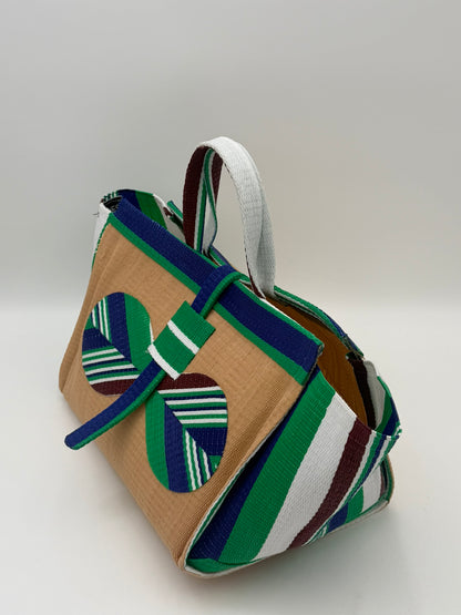 Beige Large handwoven tote bag by SCRUBIES in Beige,Green,White,Blue with Solid design and Bow accent pattern
